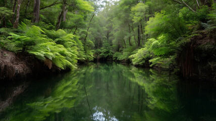 Obraz premium Rainforest dense foliage mirrored calm water green reflection tranquil nature scene with lush vegetation