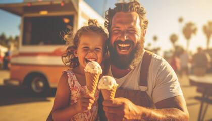 American father and son holding ice cream in front of a truck and making happy gestures.