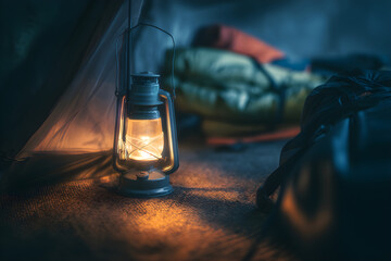 Cozy Lantern Glow Inside a Camping Tent