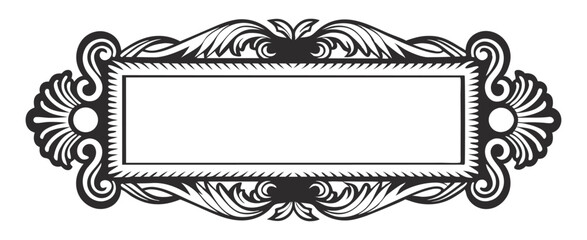 Horizontal rectangular vintage frame in black and white with swirls, flourishes and arabesque patterns forming background border with copy space in line art style for classic graphic design