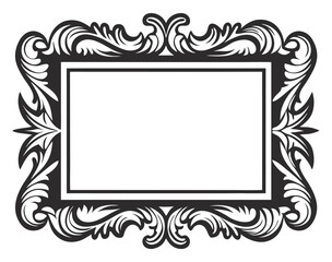 Horizontal rectangular vintage frame in black and white with swirls, flourishes and arabesque patterns forming background border with copy space in line art style for classic graphic design