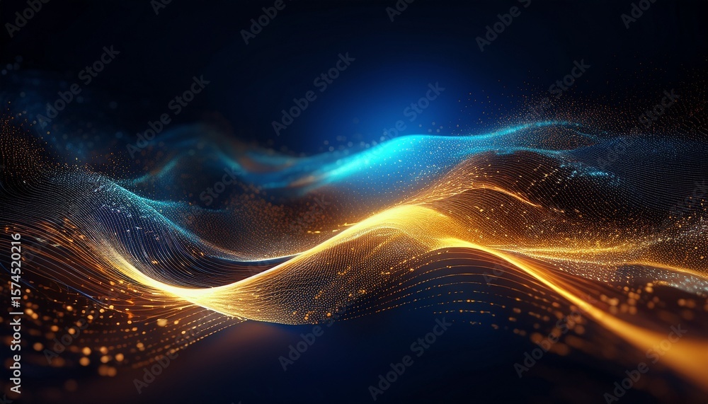 Poster abstract glowing wave of particle with golden and blue light trails digital data flow and technologi
