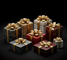 Luxury Gift Boxes with golden ribbon on Black Birthday Background Illustration