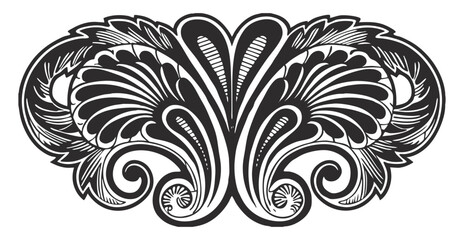 Symmetrical floral ornament line art with swirls, flourishes, scrolls, arabesques forming decorative frame for vintage and classic design projects