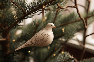 white dove on a branch of christmas tree