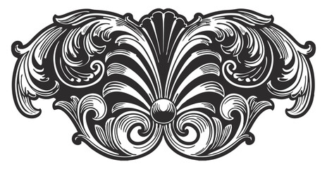 Fototapeta premium Symmetrical floral ornament line art with swirls, flourishes, scrolls, arabesques forming decorative frame for vintage and classic design projects