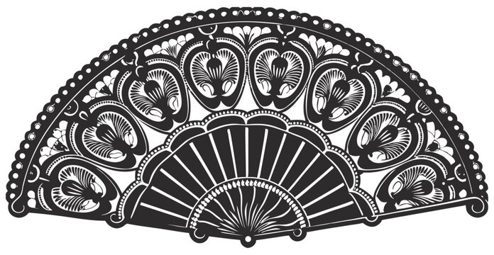 Vintage line art fan design with symmetrical swirls, scrolls, flourishes, arabesques. Used in decorative layouts, branding, packaging or label ornaments