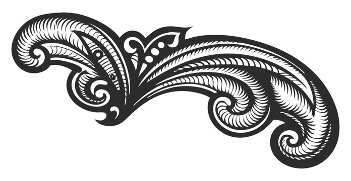Monochrome composition of swirls, flourishes, and scroll elements arranged in arabesque structure with uniform line thickness and symmetrical layout for vintage themed graphics