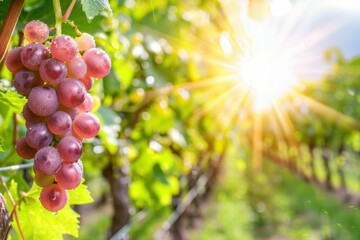 Freshly picked grapes glisten with droplets of water in a vineyard during early morning