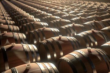 Rows of wooden barrels stored in a dimly lit warehouse, showcasing a vast collection of aging beverages