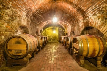 Rows of wooden barrels stored in a dimly lit warehouse, showcasing a vast collection of aging beverages