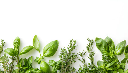 Obraz premium Fresh green herbs including basil and rosemary arranged on white background. This flat lay offers ample copy space, suitable for