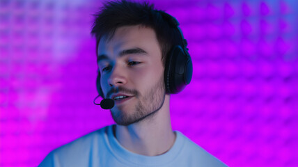 Streamer headset singing futuristic male young purple neon technology relaxed mood