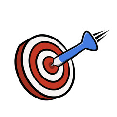Dart target icon for business goal illustration with red white round target and blue dart used for strategy and achievement graphic