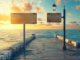 Empty wooden signs on a seaside pier at sunset