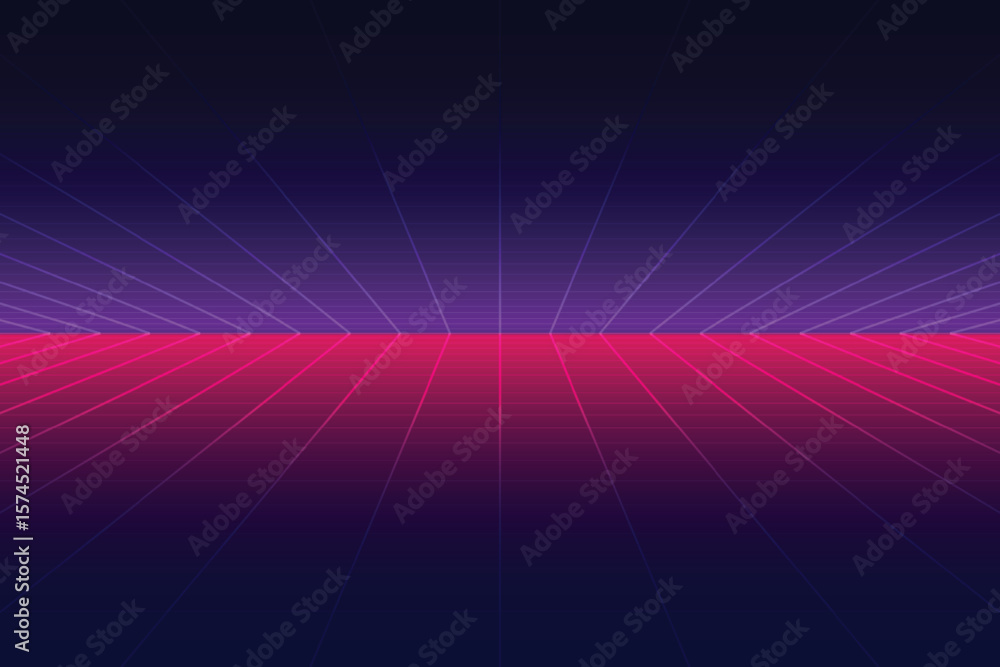 Poster retro cyberpunk style 80s game scene pixel art 8-bit sci-fi background. glowing neon grid and stars 