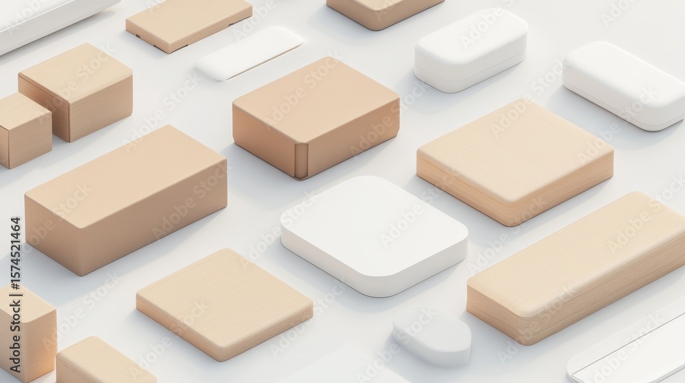 Aufkleber assorted rectangular boxes in beige and white, arranged in a 3d display.