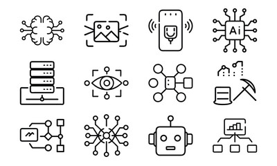 Artificial Intelligence and Machine Learning Icon Set – AI, Neural Network, Data Mining, Computer Vision, Voice Recognition, and Robotics Line Icons for Tech and Software Design