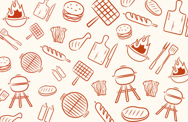 Seamless BBQ sketch pattern with red outline on beige background for restaurant food wrapping paper packaging and barbecue party decoration