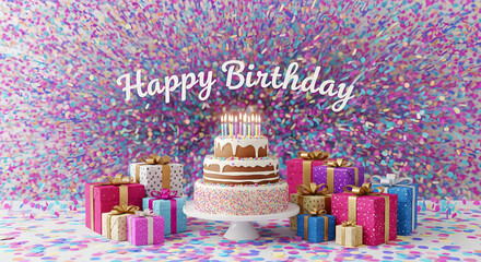 Luxury Happy Birthday Cake and Gifts Background Illustration