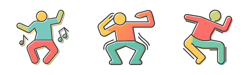 Joyful illustrations of three dancing figures filled with energy and movement, representing rhythm and celebration 