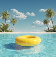 3D render of a yellow inflatable swim ring floating in a crystal clear tropical pool with palm trees under a sunny blue sky