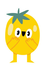 Funny surprised yellow tomato character covering its face with hands, cartoon vegetable with big eyes and green leaves, isolated illustration on white background