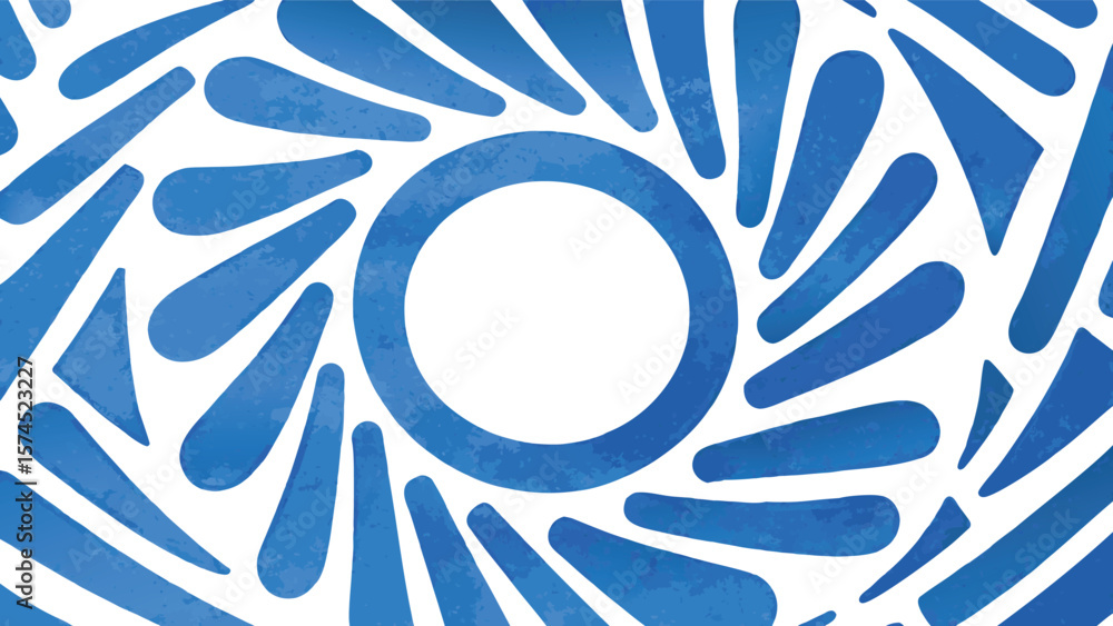 Poster abstract pattern with blue shapes radiating from a central circle on a white background design