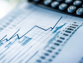 A financial graph shows an upward trend, with a calculator partially visible in the background.