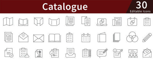 Catalogue Line Icons Set with Editable Stroke for Product Listing, Inventory, and Digital Publishing Concepts