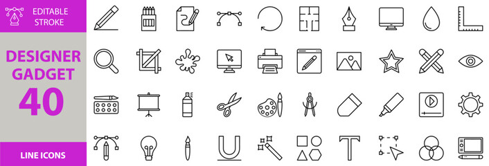 Designer gadget icon set. Containing Vector pictograms of design, gadget, technology, digital, device, collection, modern, flat, graphic, ui, ux, web, app, mobile, tech and more editable icons.