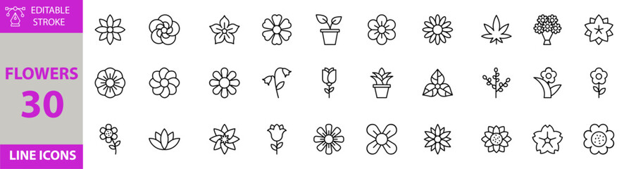Flowers icon set. Containing Vector pictograms of flowers, plant, natural, bloom, floral, spring, leaves, rose, summer, green, love and more editable icons. Victor Illustration.