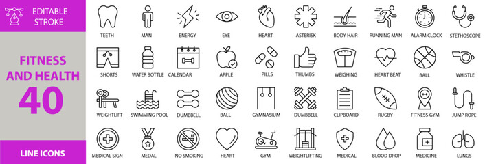 Fitness and health icon set. Containing Vector pictograms of fitness, health, exercise, workout, sport, gym, wellness, healthy, lifestyle, active, training, diet, nutrition, body, muscle and more icon