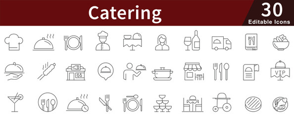 Catering Line Icons Set with Editable Stroke for Food Service, Hospitality Events, and Restaurant Management Concepts