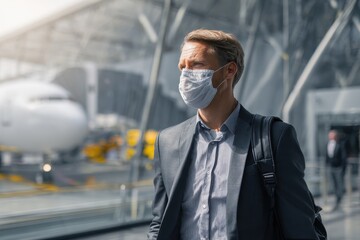 Transit Mask. Businessman with Face Mask at Aerodrome during Pandemic
