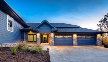 a modern home s garage with blue siding and stone trim the driveway lined with solar lights