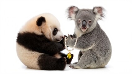 Adorable panda and koala sharing a beaded necklace on white background