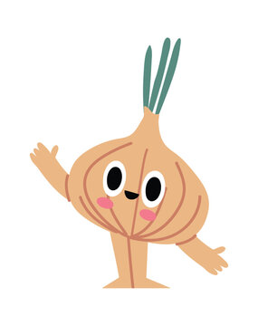Naklejki Cartoon character of a happy onion waving with hands, cute vegetable with smiling face, healthy food for kids, funny personage for children book or sticker
