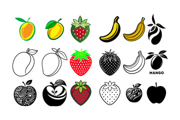 set of fruits Mango, Strawberry,  Banana, Apple Healthy food icons Silhouette vector illustration design set colorful fruit simple silhouette style isolated on transparent background.