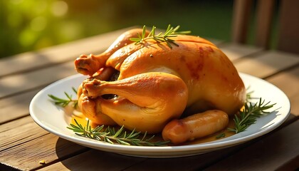 Golden Roasted Chicken with Herbs – Sunlit Presentation on White Platter

Herb-Roasted Chicken – Crispy Golden Skin in Natural Light on White Plate

Delicious Golden Roast Chicken – Served with Herbs 