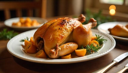 Golden Roasted Chicken with Herbs – Sunlit Presentation on White Platter

Herb-Roasted Chicken – Crispy Golden Skin in Natural Light on White Plate

Delicious Golden Roast Chicken – Served with Herbs 
