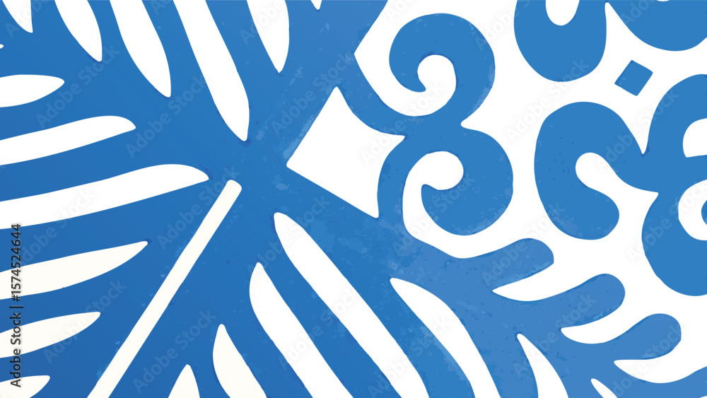 Poster blue and white abstract design featuring stylized leaves and swirling shapes creating a pattern