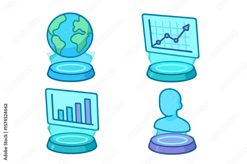 Poster illustrations of global data visualization concepts showcasing charts and user profiles in a modern 