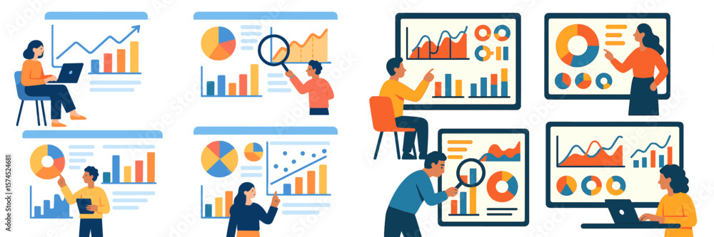 Poster teams analyzing data trends and presenting statistics in a collaborative workspace environment