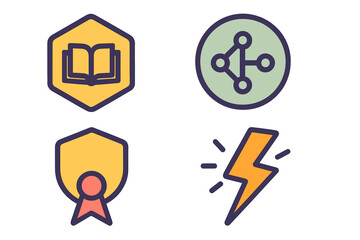 Educational icons representing learning, networking, achievement, and energy in a modern graphic design style