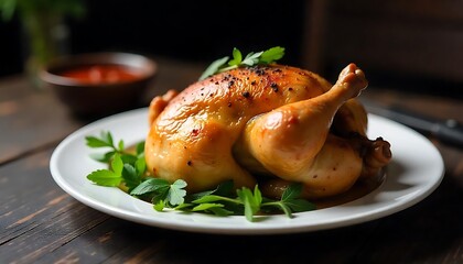 Golden Roasted Chicken with Herbs – Sunlit Presentation on White Platter

Herb-Roasted Chicken – Crispy Golden Skin in Natural Light on White Plate

Delicious Golden Roast Chicken – Served with Herbs 