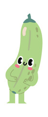 Shy zucchini cartoon character blushing and smiling with big, expressive eyes and tiny legs, set against a clean white background, radiating cuteness and charm