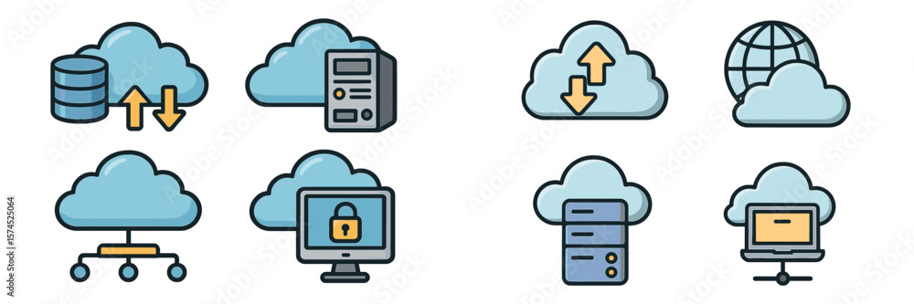 Poster cloud computing symbols representing data storage, security, and connectivity across different platf