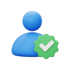 3d cartoon user icon with a green checkmark badge for verification and approval