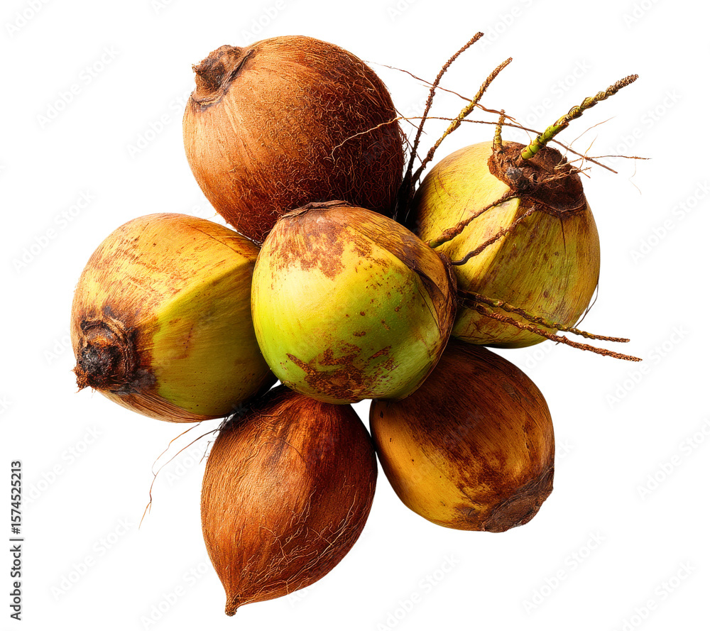Poster a cluster of six whole coconuts some brown and fibrous others green and smooth arranged in a circula